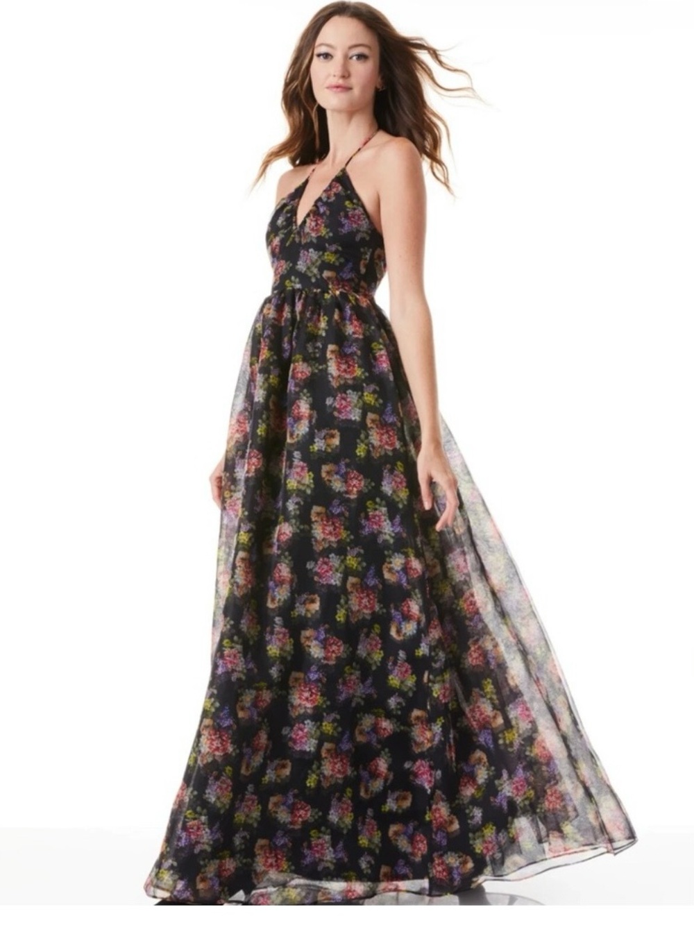 Alice + Olivia Black Floral Halter Maxi Dress